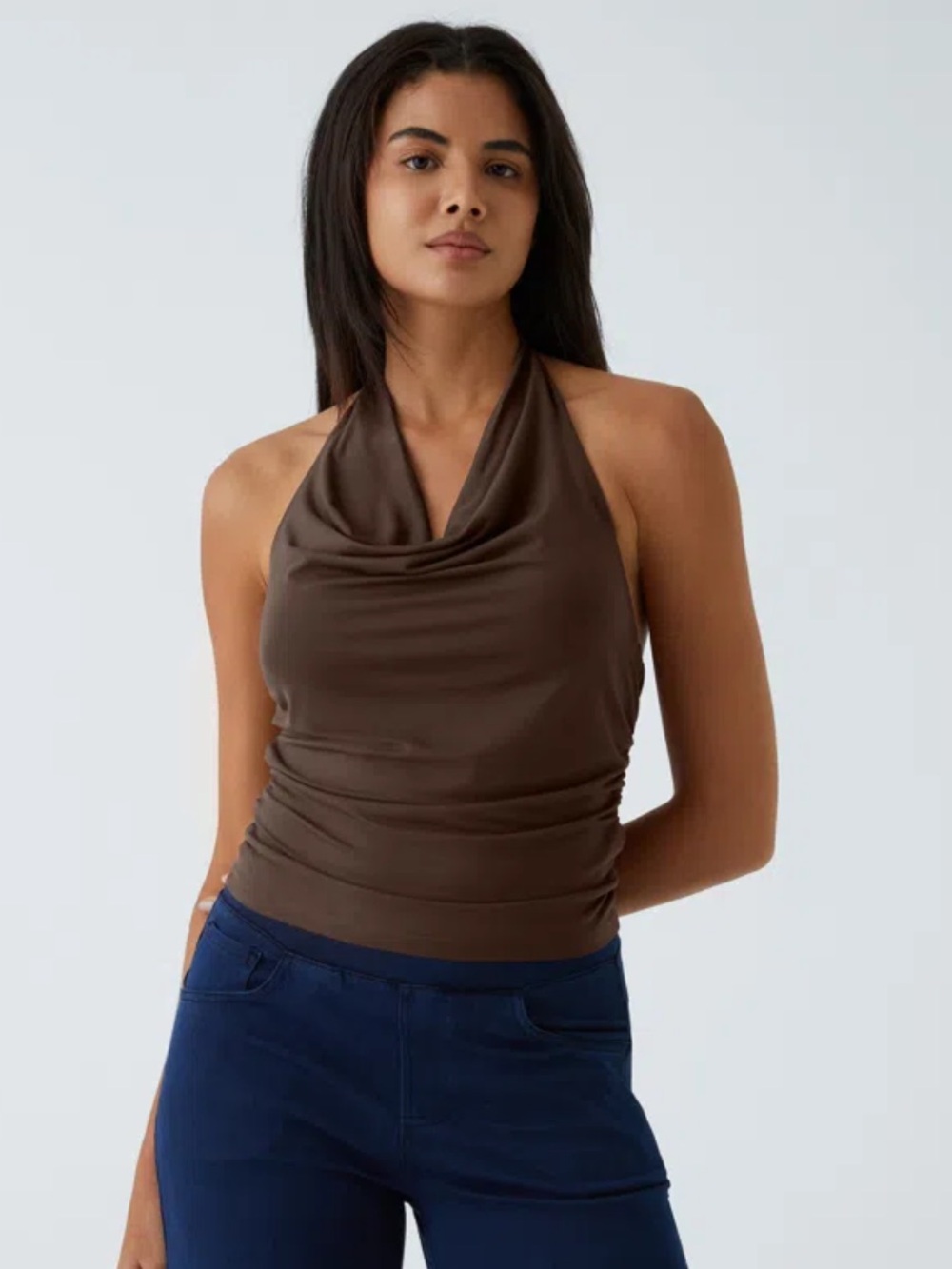 Halara Halter Cowl Neck Ruched Casual Tank Top Brown